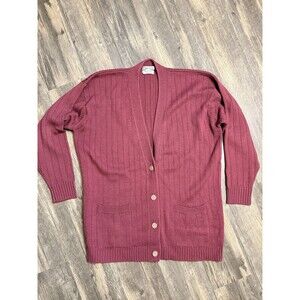 Vtg Calvin Klein 100% Wool Cardigan Sweater Burgundy Rib Knit Grandma Core